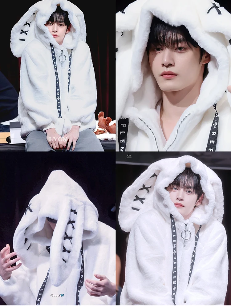 Nerazzurri Winter Sweet Cute Kawaii Soft Thick Warm White Faux Fur Coat Women with Bunny Ears Cute Fluffy Jacket Hoodie 2024