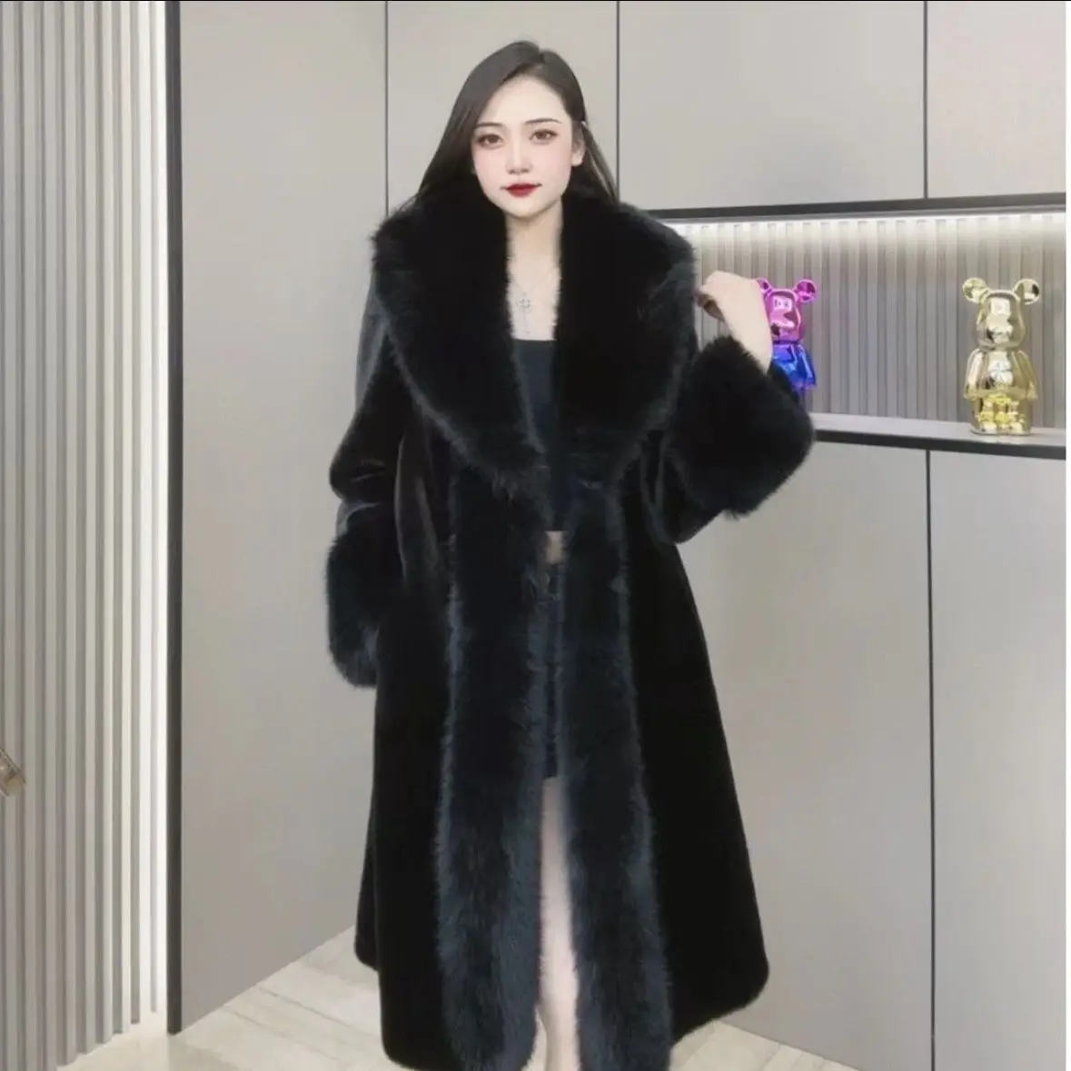 Faux Fur Coats Women Long Coat Thick Warm Turn Down Collar Open Stitch Spring Outerwear Jackets Elegant Splice Autumn Winter
