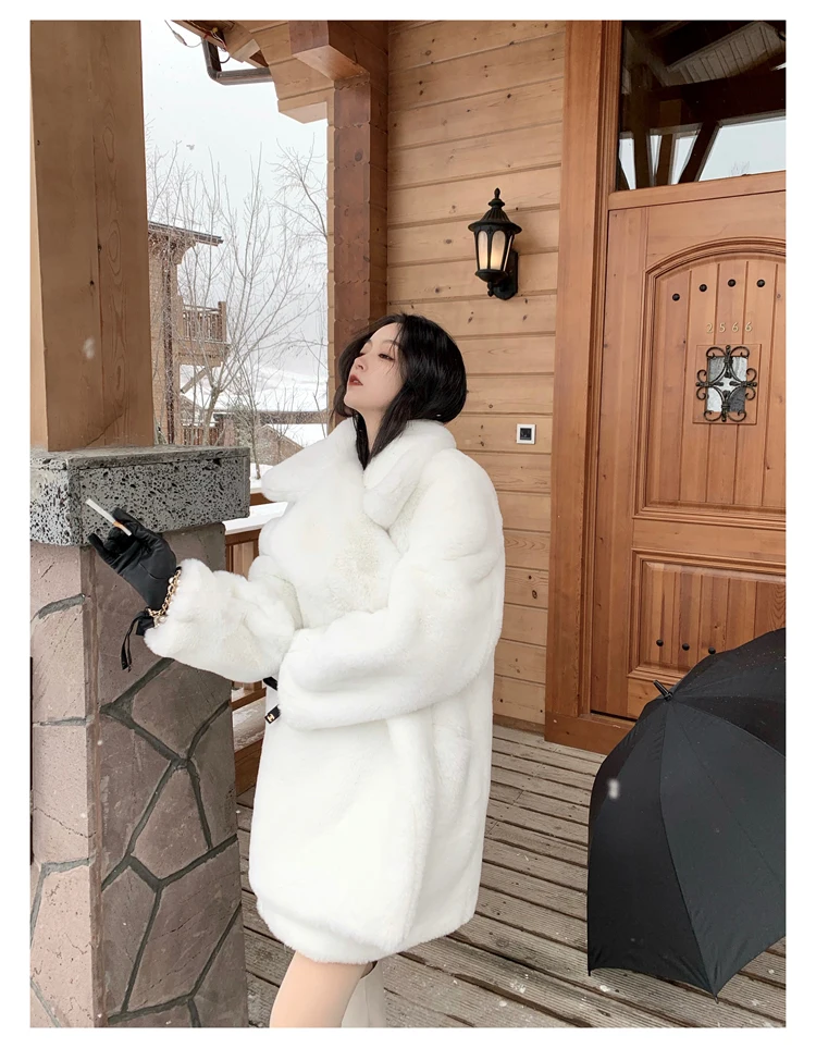 Lautaro Winter Warm White Faux Fur Coat Women Long Sleeve Lapel Double Breasted Luxury Elegant Fluffy Fake Rabbit Fur Blazers