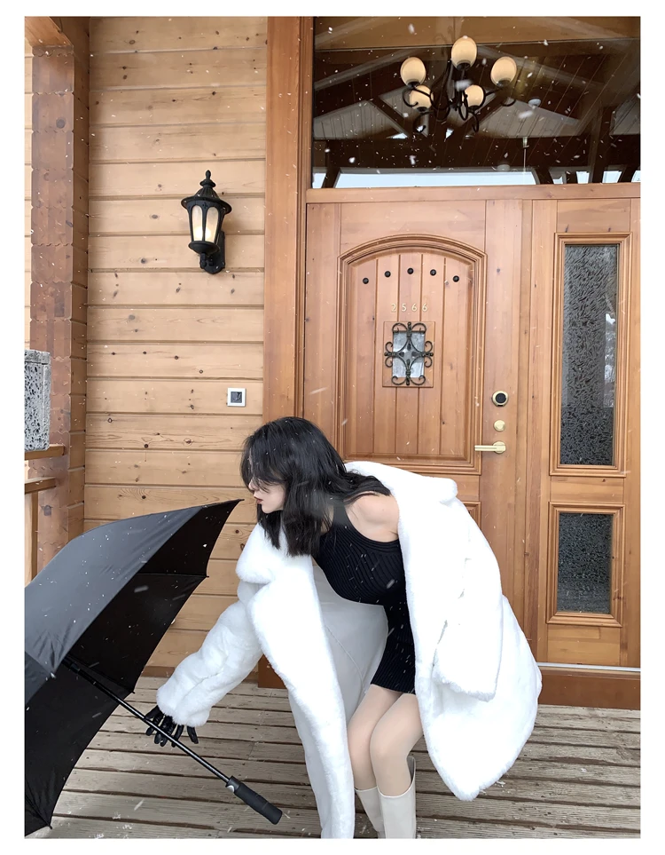 Lautaro Winter Warm White Faux Fur Coat Women Long Sleeve Lapel Double Breasted Luxury Elegant Fluffy Fake Rabbit Fur Blazers