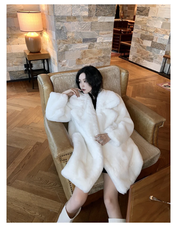 Lautaro Winter Warm White Faux Fur Coat Women Long Sleeve Lapel Double Breasted Luxury Elegant Fluffy Fake Rabbit Fur Blazers