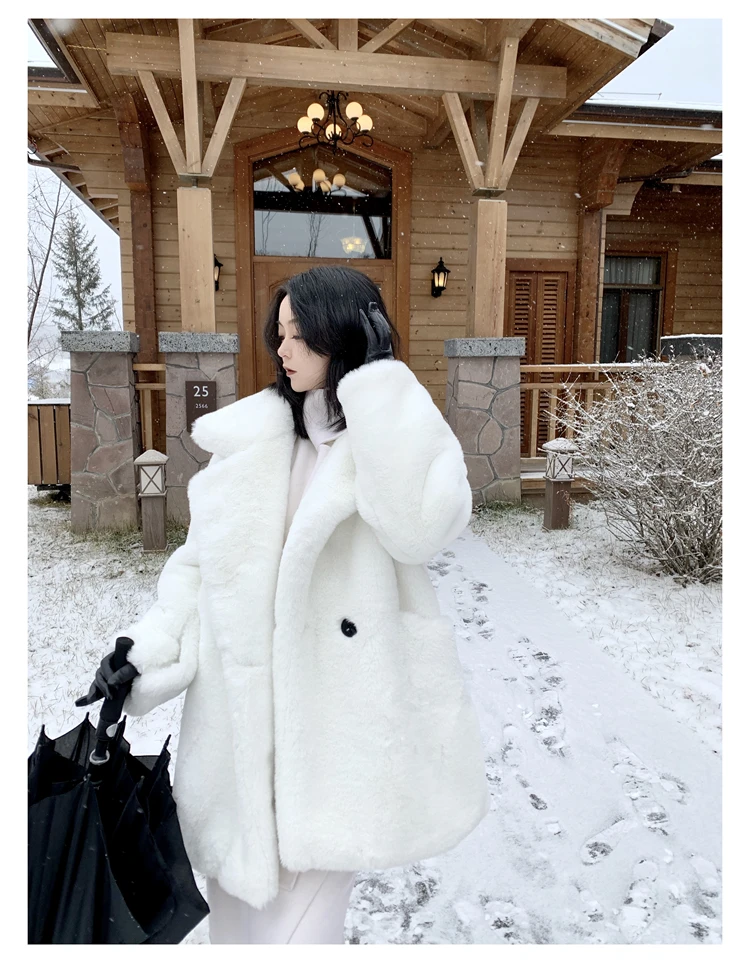 Lautaro Winter Warm White Faux Fur Coat Women Long Sleeve Lapel Double Breasted Luxury Elegant Fluffy Fake Rabbit Fur Blazers
