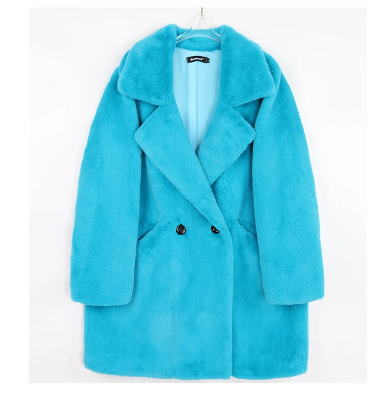 Lautaro Winter Warm White Faux Fur Coat Women Long Sleeve Lapel Double Breasted Luxury Elegant Fluffy Fake Rabbit Fur Blazers