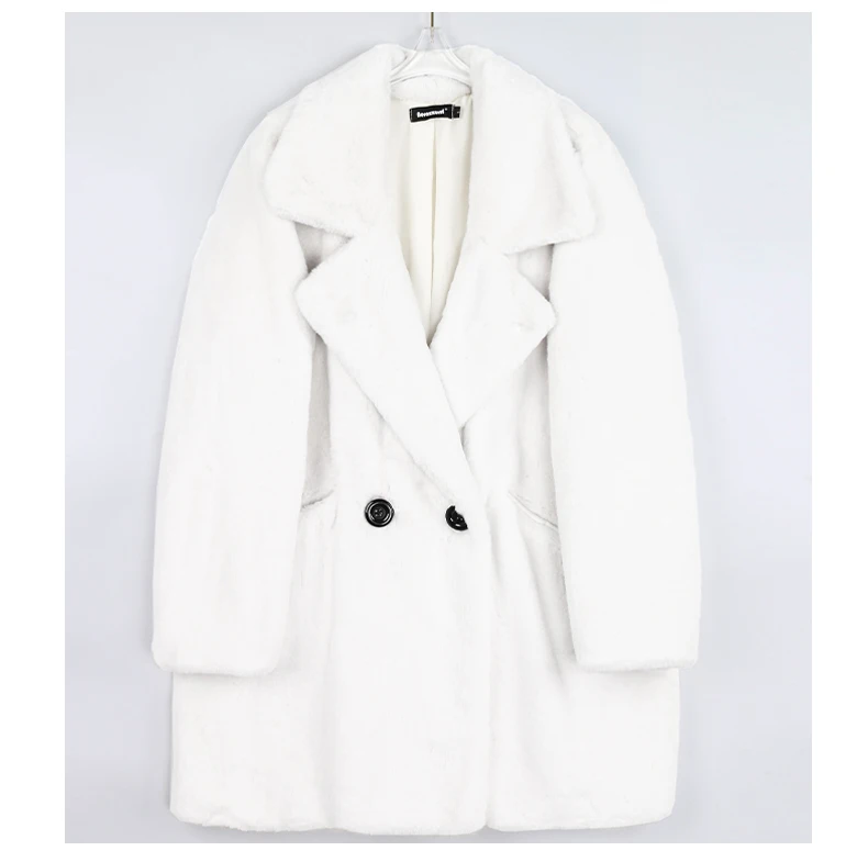 Lautaro Winter Warm White Faux Fur Coat Women Long Sleeve Lapel Double Breasted Luxury Elegant Fluffy Fake Rabbit Fur Blazers