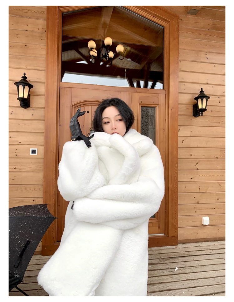 Lautaro Winter Warm White Faux Fur Coat Women Long Sleeve Lapel Double Breasted Luxury Elegant Fluffy Fake Rabbit Fur Blazers
