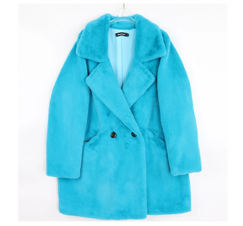 Lautaro Winter Warm White Faux Fur Coat Women Long Sleeve Lapel Double Breasted Luxury Elegant Fluffy Fake Rabbit Fur Blazers
