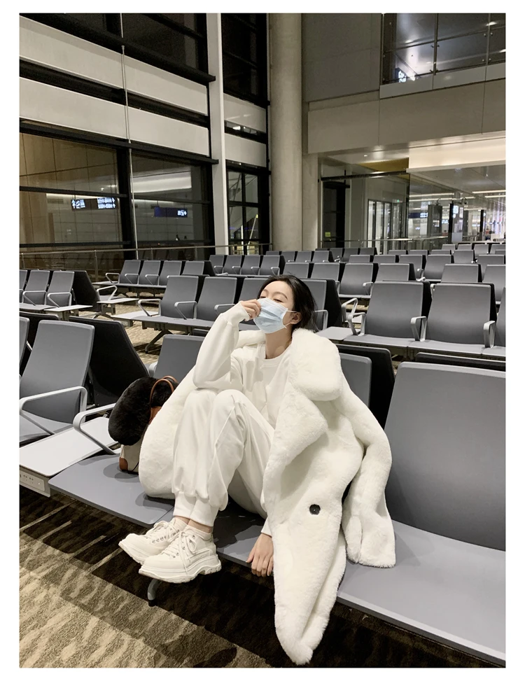 Lautaro Winter Warm White Faux Fur Coat Women Long Sleeve Lapel Double Breasted Luxury Elegant Fluffy Fake Rabbit Fur Blazers