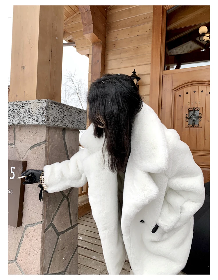 Lautaro Winter Warm White Faux Fur Coat Women Long Sleeve Lapel Double Breasted Luxury Elegant Fluffy Fake Rabbit Fur Blazers
