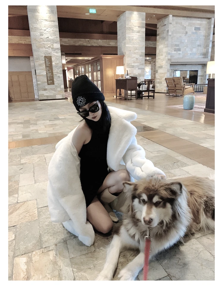 Lautaro Winter Warm White Faux Fur Coat Women Long Sleeve Lapel Double Breasted Luxury Elegant Fluffy Fake Rabbit Fur Blazers