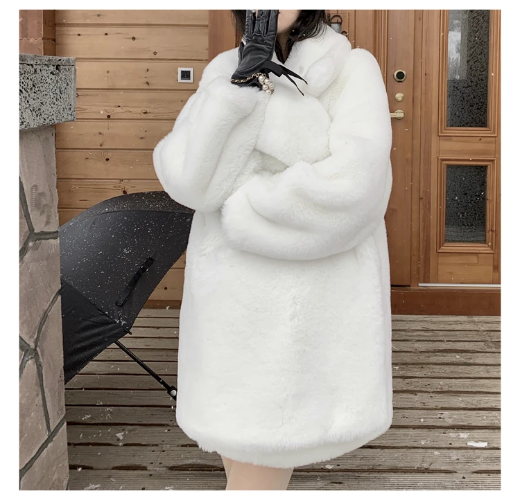 Lautaro Winter Warm White Faux Fur Coat Women Long Sleeve Lapel Double Breasted Luxury Elegant Fluffy Fake Rabbit Fur Blazers