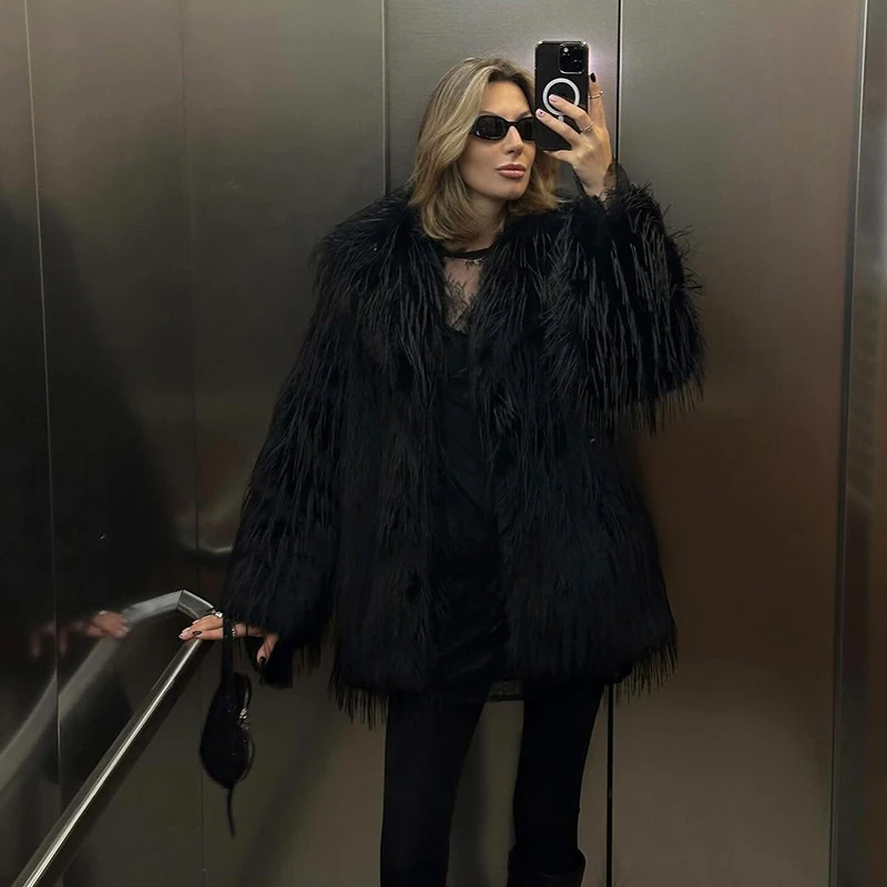 Neo Mint 2024 Winter Furry Faux Fur Coat Long Women Luxury Brand Tassels Fluffy Fur Jacket Female Streetwear Super Warm Overcoat