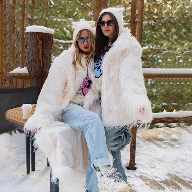 Neo Mint 2024 Winter Furry Faux Fur Coat Long Women Luxury Brand Tassels Fluffy Fur Jacket Female Streetwear Super Warm Overcoat