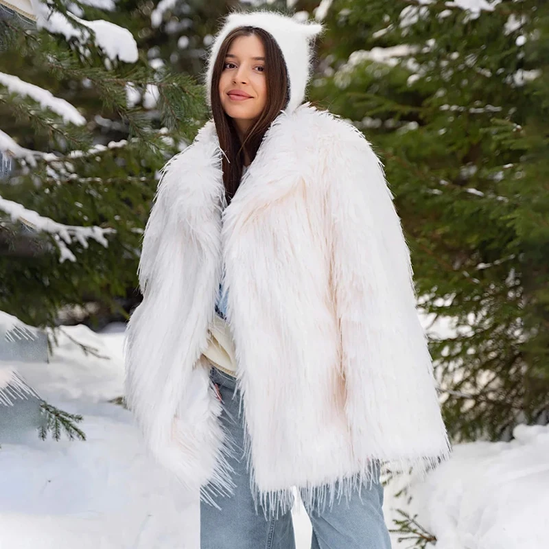 Neo Mint 2024 Winter Furry Faux Fur Coat Long Women Luxury Brand Tassels Fluffy Fur Jacket Female Streetwear Super Warm Overcoat