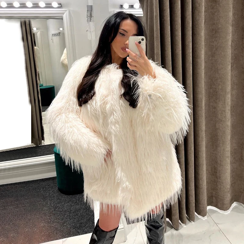 Neo Mint 2024 Winter Furry Faux Fur Coat Long Women Luxury Brand Tassels Fluffy Fur Jacket Female Streetwear Super Warm Overcoat