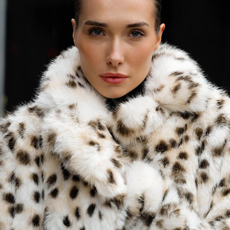 Neo Mint Exclusive Long Brown Leopard Fox Fur Coat Women Winter 2024 New Luxury Hot Brand Fashion Girls Faux Fur Jacket Overcoat