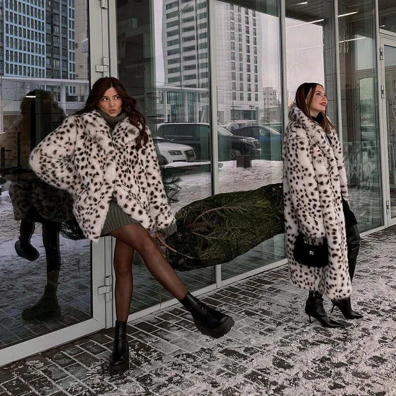 Neo Mint Exclusive Long Brown Leopard Fox Fur Coat Women Winter 2024 New Luxury Hot Brand Fashion Girls Faux Fur Jacket Overcoat