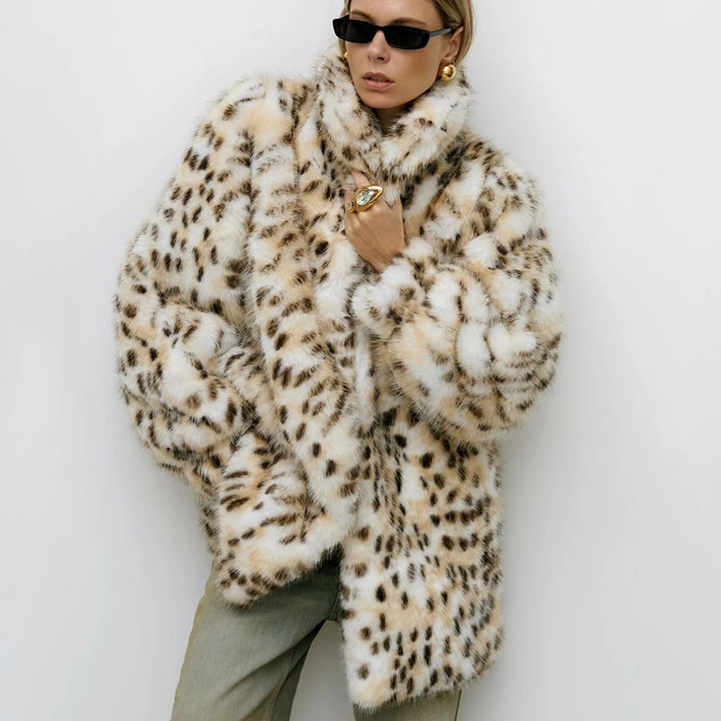Neo Mint Exclusive Long Brown Leopard Fox Fur Coat Women Winter 2024 New Luxury Hot Brand Fashion Girls Faux Fur Jacket Overcoat
