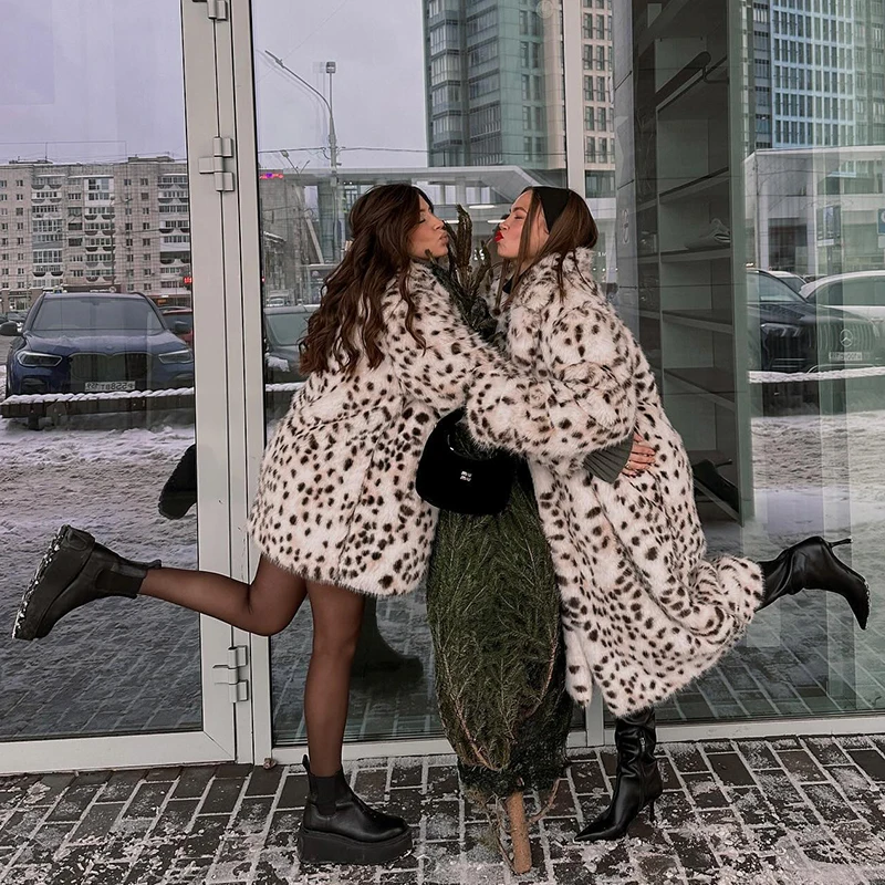 Neo Mint Exclusive Long Brown Leopard Fox Fur Coat Women Winter 2024 New Luxury Hot Brand Fashion Girls Faux Fur Jacket Overcoat