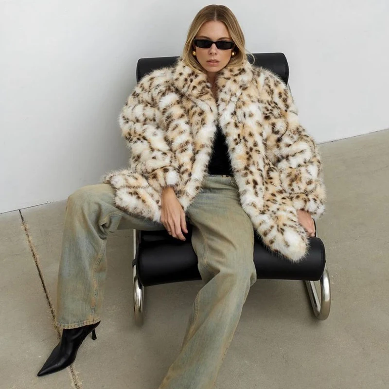 Neo Mint Exclusive Long Brown Leopard Fox Fur Coat Women Winter 2024 New Luxury Hot Brand Fashion Girls Faux Fur Jacket Overcoat