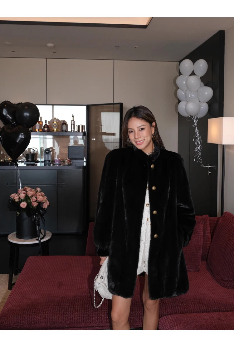 Lautaro Winter Brown Thick Warm Soft Faux Mink Fur Coat Women Long Sleeve Stand Collar Elegant Luxury Chic Fluffy Jacket 2023