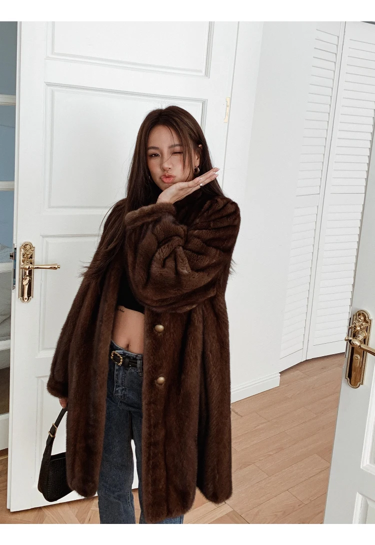 Lautaro Winter Brown Thick Warm Soft Faux Mink Fur Coat Women Long Sleeve Stand Collar Elegant Luxury Chic Fluffy Jacket 2023
