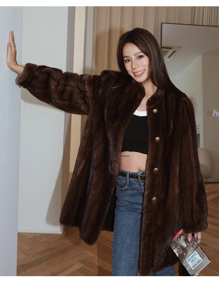 Lautaro Winter Brown Thick Warm Soft Faux Mink Fur Coat Women Long Sleeve Stand Collar Elegant Luxury Chic Fluffy Jacket 2023
