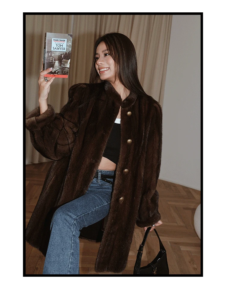 Lautaro Winter Brown Thick Warm Soft Faux Mink Fur Coat Women Long Sleeve Stand Collar Elegant Luxury Chic Fluffy Jacket 2023