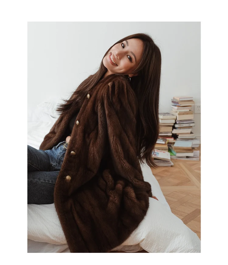 Lautaro Winter Brown Thick Warm Soft Faux Mink Fur Coat Women Long Sleeve Stand Collar Elegant Luxury Chic Fluffy Jacket 2023