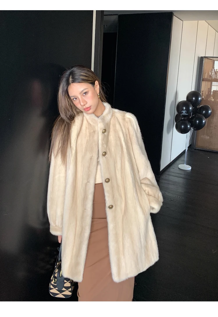 Lautaro Winter Brown Thick Warm Soft Faux Mink Fur Coat Women Long Sleeve Stand Collar Elegant Luxury Chic Fluffy Jacket 2023