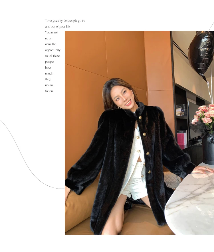 Lautaro Winter Brown Thick Warm Soft Faux Mink Fur Coat Women Long Sleeve Stand Collar Elegant Luxury Chic Fluffy Jacket 2023