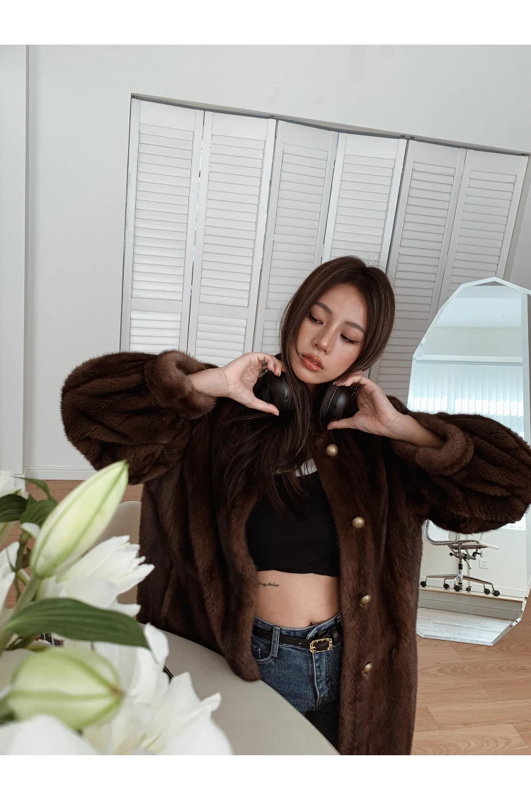 Lautaro Winter Brown Thick Warm Soft Faux Mink Fur Coat Women Long Sleeve Stand Collar Elegant Luxury Chic Fluffy Jacket 2023