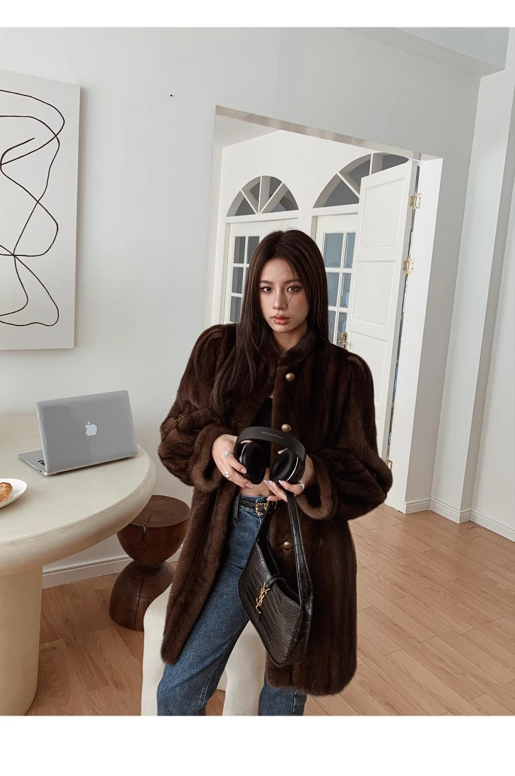 Lautaro Winter Brown Thick Warm Soft Faux Mink Fur Coat Women Long Sleeve Stand Collar Elegant Luxury Chic Fluffy Jacket 2023