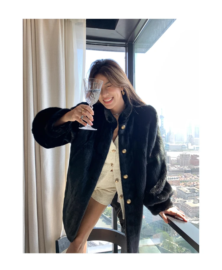 Lautaro Winter Brown Thick Warm Soft Faux Mink Fur Coat Women Long Sleeve Stand Collar Elegant Luxury Chic Fluffy Jacket 2023