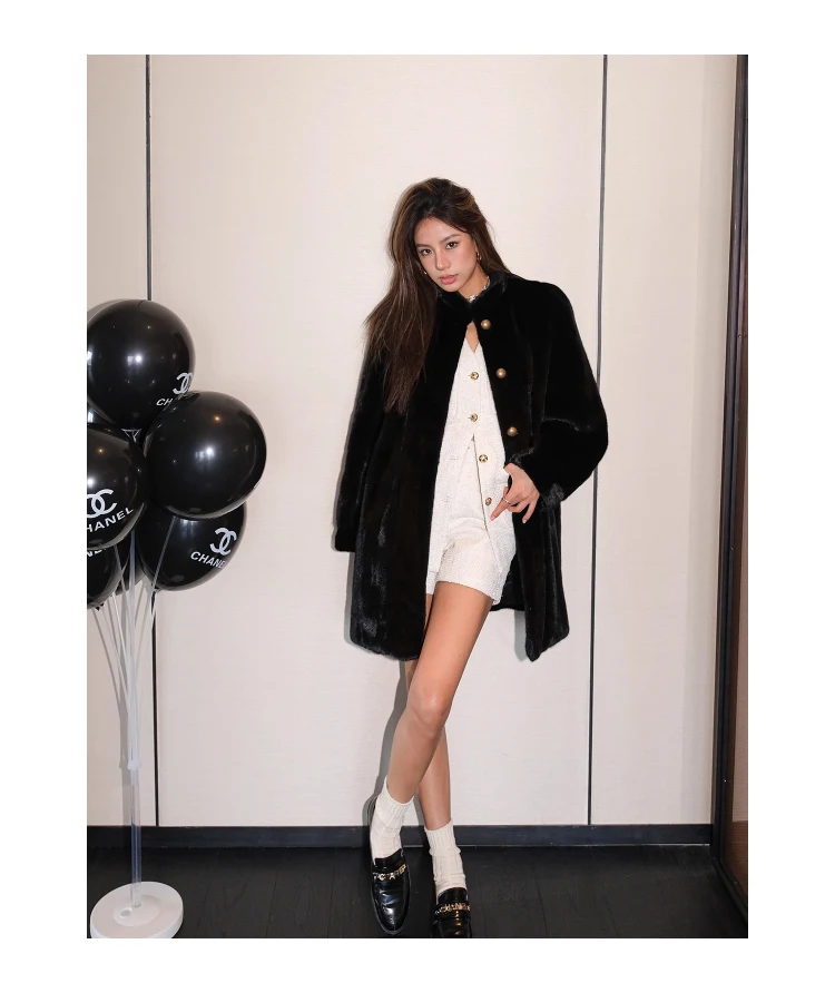 Lautaro Winter Brown Thick Warm Soft Faux Mink Fur Coat Women Long Sleeve Stand Collar Elegant Luxury Chic Fluffy Jacket 2023