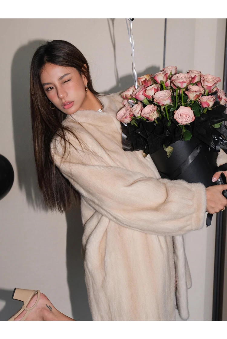 Lautaro Winter Brown Thick Warm Soft Faux Mink Fur Coat Women Long Sleeve Stand Collar Elegant Luxury Chic Fluffy Jacket 2023