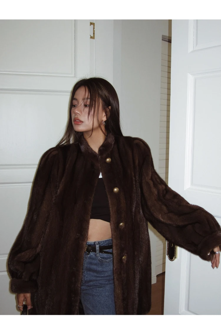 Lautaro Winter Brown Thick Warm Soft Faux Mink Fur Coat Women Long Sleeve Stand Collar Elegant Luxury Chic Fluffy Jacket 2023