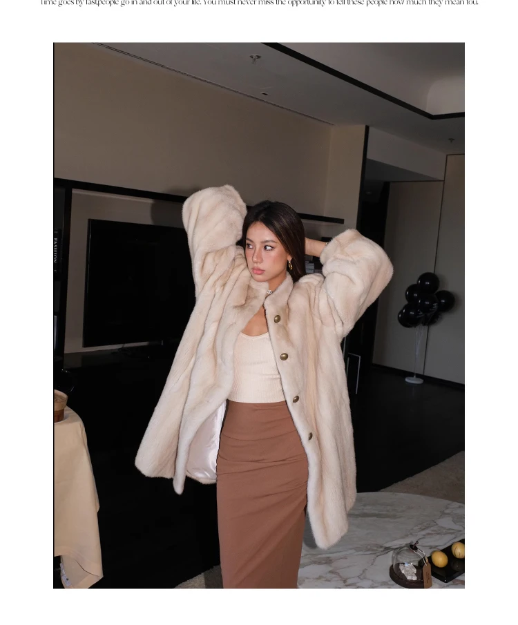 Lautaro Winter Brown Thick Warm Soft Faux Mink Fur Coat Women Long Sleeve Stand Collar Elegant Luxury Chic Fluffy Jacket 2023