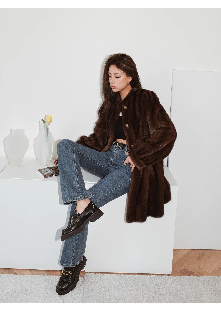 Lautaro Winter Brown Thick Warm Soft Faux Mink Fur Coat Women Long Sleeve Stand Collar Elegant Luxury Chic Fluffy Jacket 2023