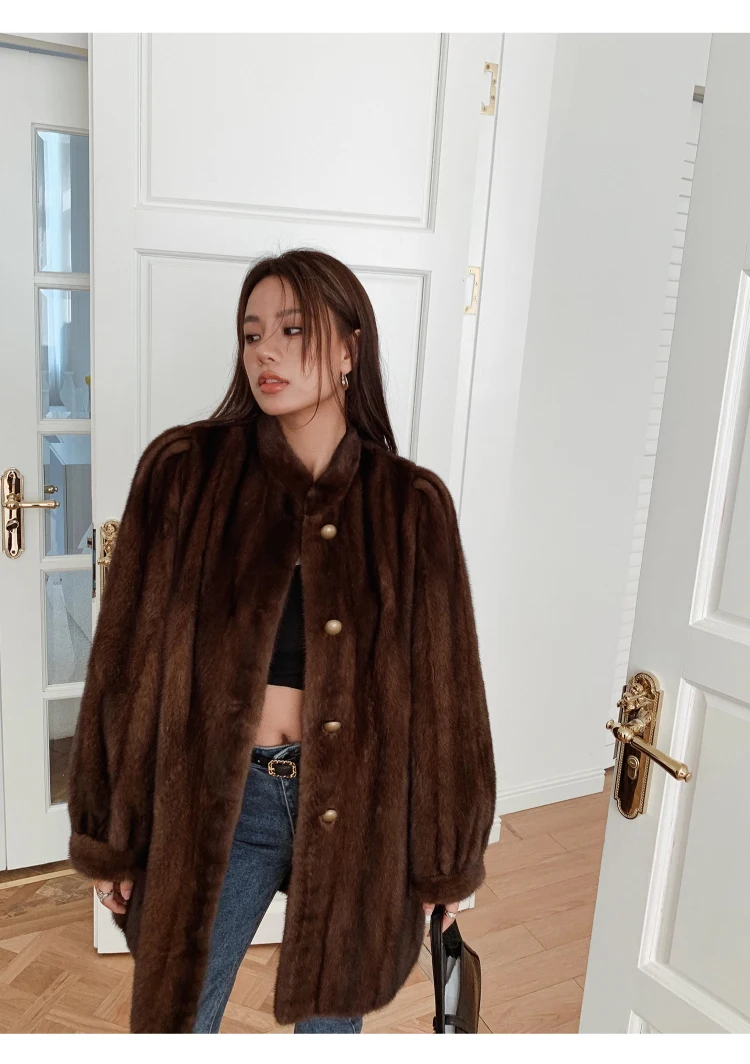 Lautaro Winter Brown Thick Warm Soft Faux Mink Fur Coat Women Long Sleeve Stand Collar Elegant Luxury Chic Fluffy Jacket 2023
