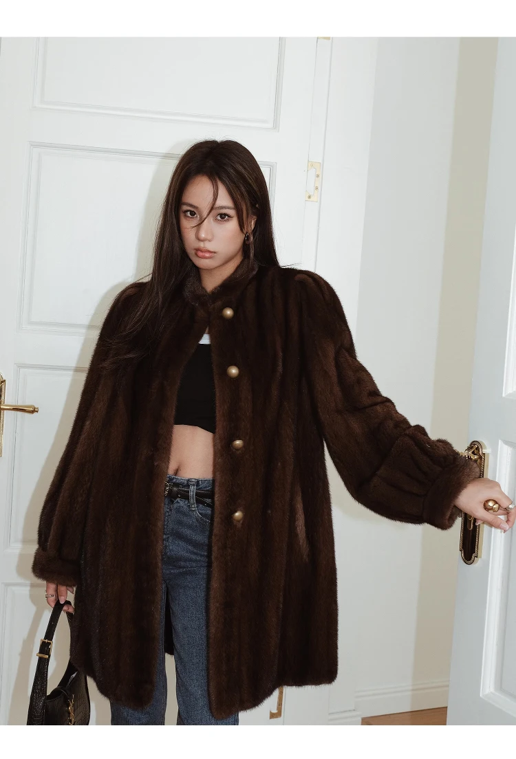 Lautaro Winter Brown Thick Warm Soft Faux Mink Fur Coat Women Long Sleeve Stand Collar Elegant Luxury Chic Fluffy Jacket 2023