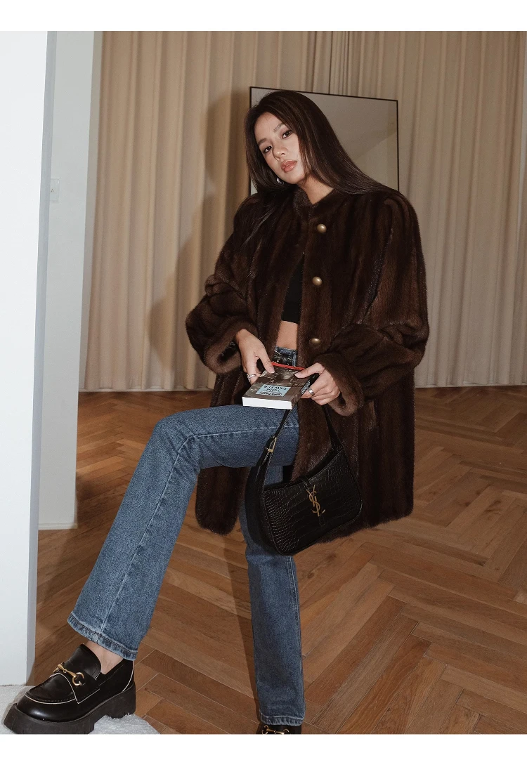 Lautaro Winter Brown Thick Warm Soft Faux Mink Fur Coat Women Long Sleeve Stand Collar Elegant Luxury Chic Fluffy Jacket 2023
