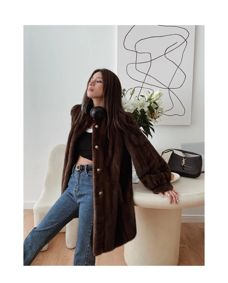 Lautaro Winter Brown Thick Warm Soft Faux Mink Fur Coat Women Long Sleeve Stand Collar Elegant Luxury Chic Fluffy Jacket 2023