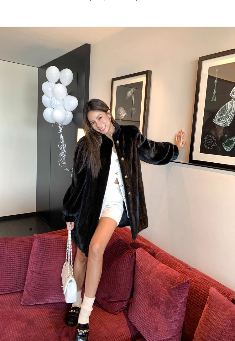 Lautaro Winter Brown Thick Warm Soft Faux Mink Fur Coat Women Long Sleeve Stand Collar Elegant Luxury Chic Fluffy Jacket 2023