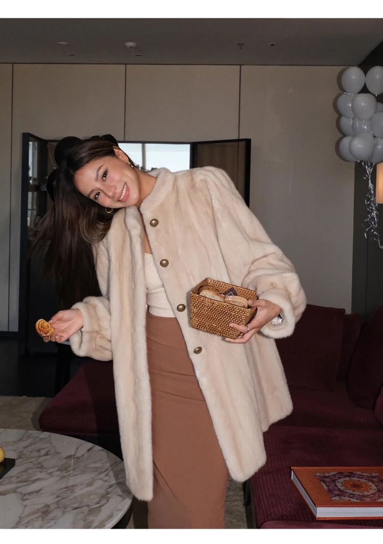Lautaro Winter Brown Thick Warm Soft Faux Mink Fur Coat Women Long Sleeve Stand Collar Elegant Luxury Chic Fluffy Jacket 2023