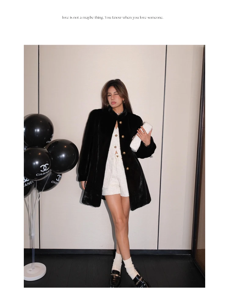 Lautaro Winter Brown Thick Warm Soft Faux Mink Fur Coat Women Long Sleeve Stand Collar Elegant Luxury Chic Fluffy Jacket 2023