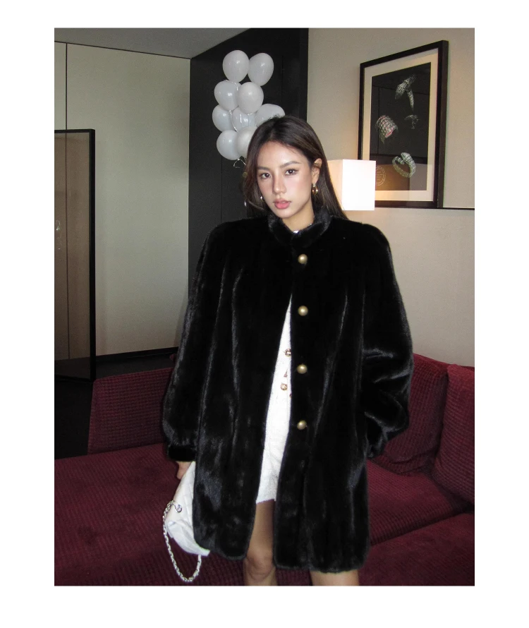 Lautaro Winter Brown Thick Warm Soft Faux Mink Fur Coat Women Long Sleeve Stand Collar Elegant Luxury Chic Fluffy Jacket 2023