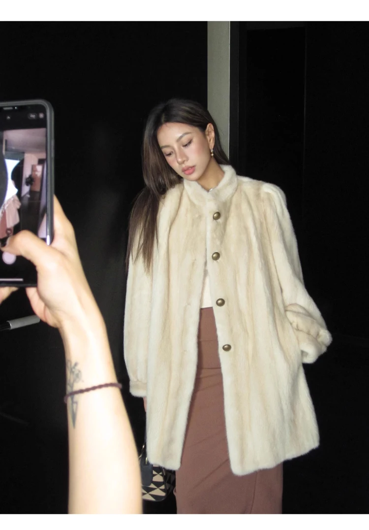 Lautaro Winter Brown Thick Warm Soft Faux Mink Fur Coat Women Long Sleeve Stand Collar Elegant Luxury Chic Fluffy Jacket 2023