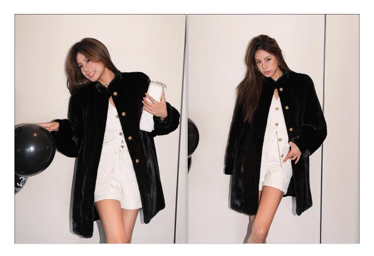 Lautaro Winter Brown Thick Warm Soft Faux Mink Fur Coat Women Long Sleeve Stand Collar Elegant Luxury Chic Fluffy Jacket 2023