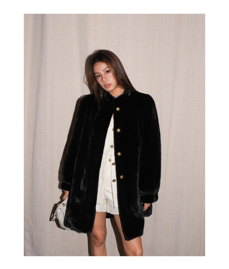Lautaro Winter Brown Thick Warm Soft Faux Mink Fur Coat Women Long Sleeve Stand Collar Elegant Luxury Chic Fluffy Jacket 2023