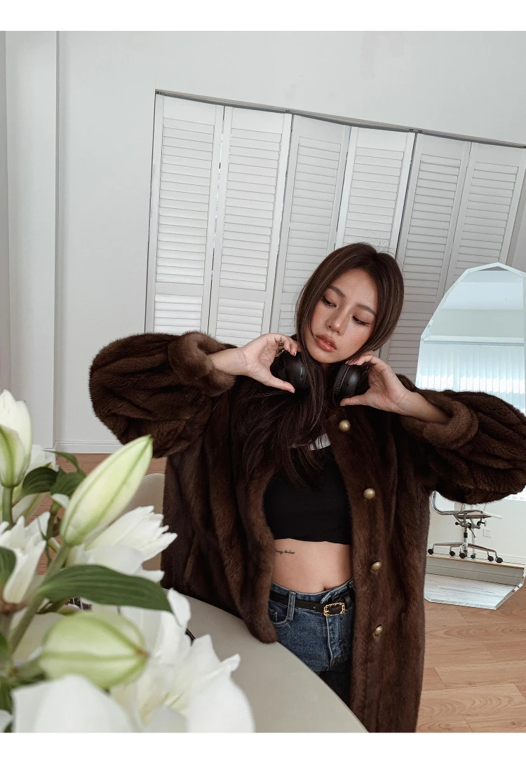 Lautaro Winter Brown Thick Warm Soft Faux Mink Fur Coat Women Long Sleeve Stand Collar Elegant Luxury Chic Fluffy Jacket 2023